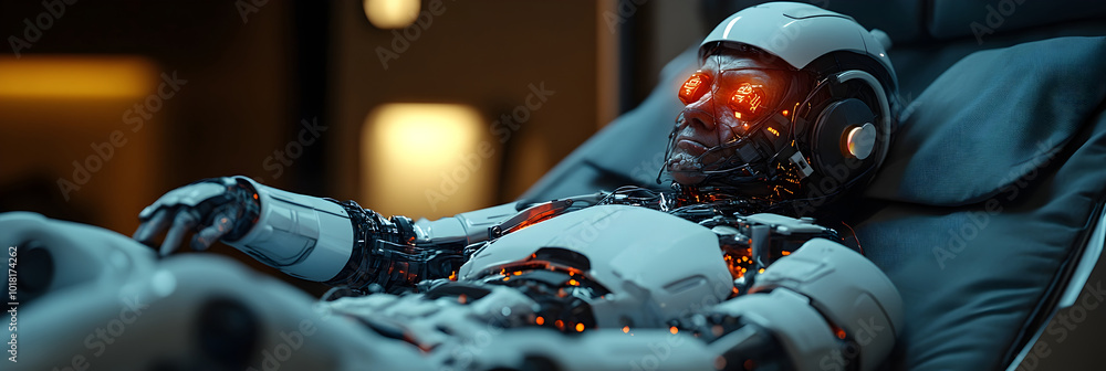 Poster A highly advanced futuristic or cyborg with a complex robotic arm and various digital screens and interfaces,showcasing the latest in intelligence and high-tech engineering.