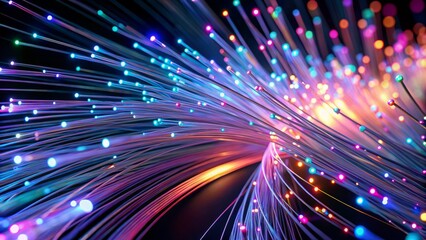 Naklejka premium Illuminated fiber optic strands twist gracefully in a dark setting, forming stunning, futuristic swirls ideal for captivating long exposure