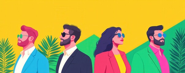 Fototapeta premium A vibrant illustration featuring four stylish individuals in sunglasses, posing against a bright yellow backdrop with green foliage.