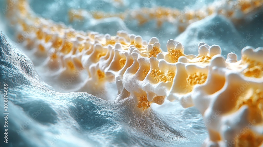 Poster close-up view of a stylized spinal structure in a fluid environment.