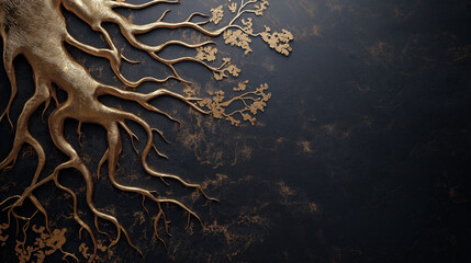A tree with gold leaves is on a black background