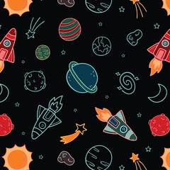 Color seamless space pattern. Hand drawn planets, cosmic galaxy texture and doodle moon vector illustration. Universe exploration, cosmos symbols texture. Colorful wallpaper, cosmic textile design © amna