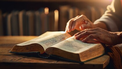The hands of a pastor rest atop an open Bible.
