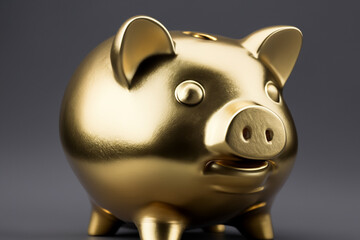A pig in gold and on a . Money business coin concept. Small golden piggy on a. Pigs and piggy on a with small golden eggs and gold lifestyle flowers.