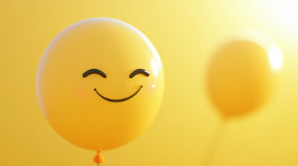 A close-up of a yellow balloon with a winking face, glowing softly against a yellow background, a second balloon barely visible in