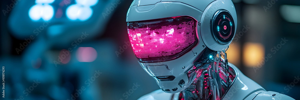 Poster closeup of a futuristic metallic cyborg robot with glowing pink illumination in a dark,moody studio 
