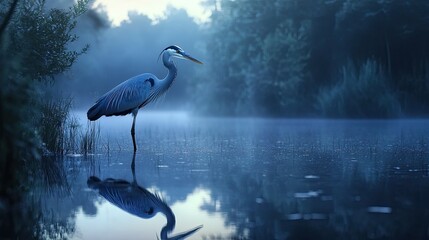 Fototapeta premium A blue heron standing still in a calm lake, its reflection mirrored in the water.