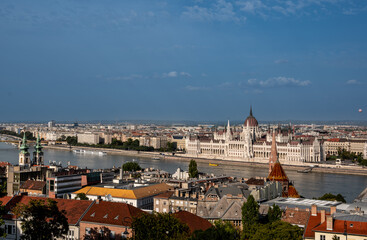 Budapest, Hungary. August 26, 2022. Aerial view of the parliament. Overlooking the Danube it stands out from the rest of the landscape. Beautiful summer day.