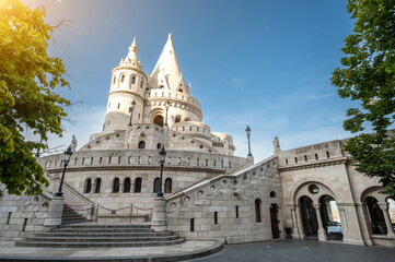 Fototapeta premium Budapest, Hungary. August 26, 2022. Amazing shoot with the fishermen's bastion: the atmosphere is fairytale. Beautiful summer day.