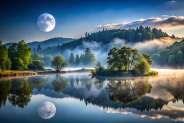 Mystical Foggy Moon Over Serene Landscape at Dusk - Captivating Night Scene for Nature Lovers and Photographers