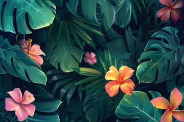 Fototapeta premium Lush greenery surrounds bright hibiscus flowers, showcasing a tropical paradise filled with vibrant colors and rich foliage. Generative AI