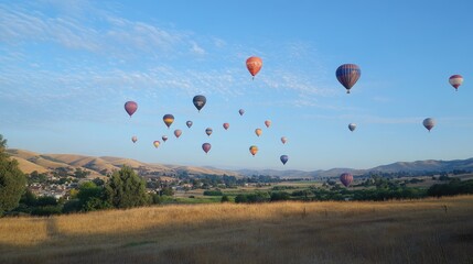A blue sky filled with hot air balloons floating peacefully above the landscape.