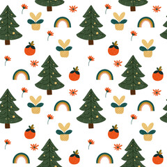 Seamless pattern with Christmas trees, rainbows, plants, and oranges in a playful, hand-drawn style