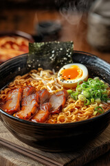 Fototapeta premium Street-style bowl of spicy ramen noodles with soft-boiled egg, sliced pork, and green onions in a rustic setting, steam rising from the bowl.
