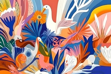 Abstract Colorful Bird and Flower Illustration