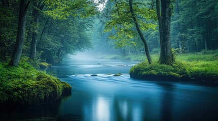 Obraz premium A calm blue river flowing through a dense green forest in the early morning.
