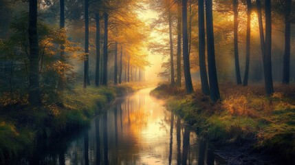 Naklejka premium Golden Hour Reflections in a Misty Forest