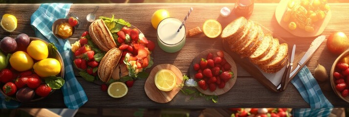 Naklejka premium A scenic outdoor picnic featuring sandwiches, fresh fruit drinks, and a variety of fruits, set in a sunlit garden setting.
