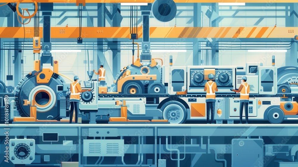 Aufkleber a team of workers operates machinery to produce components for vehicles in a busy manufacturing faci