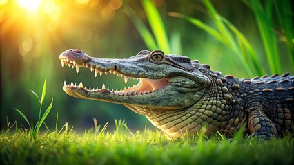 Obraz premium A Crocodile's Jaw Gapes Open, Revealing Rows of Sharp Teeth, as it Lies Amidst Lush Green Grass, Sunbeams Filtering Through the Foliage