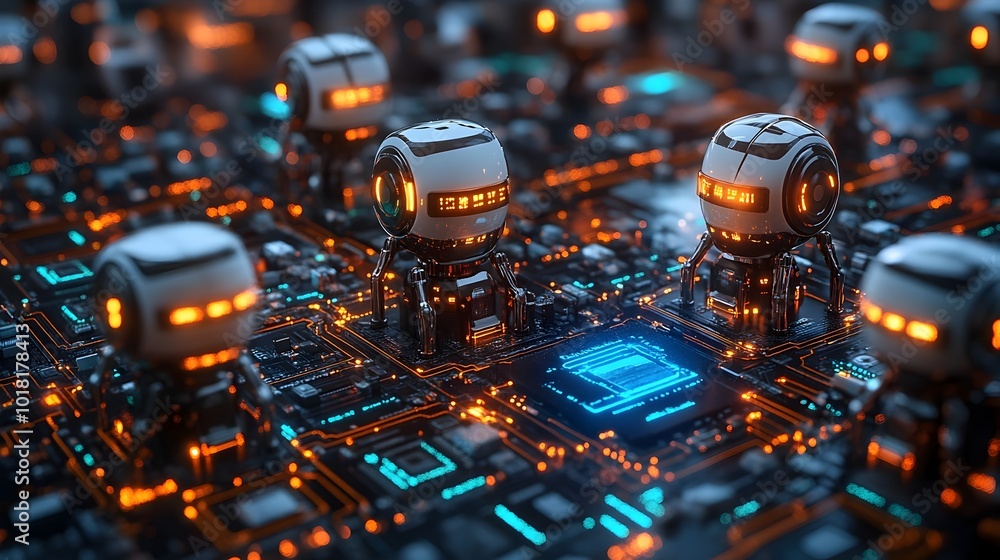 Poster Detailed close-up view of a complex futuristic circuit board with glowing microchips,processors,and other high-tech computer components,suggesting advanced intelligence and automation technology.