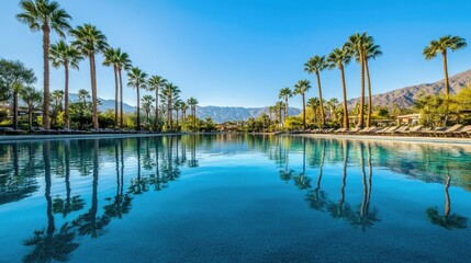 Fototapeta premium A clear blue pool of water, perfectly still, reflecting the palm trees around it.