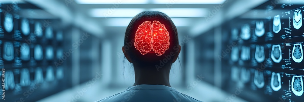 Aufkleber Digital representation of a human brain scan with an illuminated,abstract brain structure against a futuristic medical background.