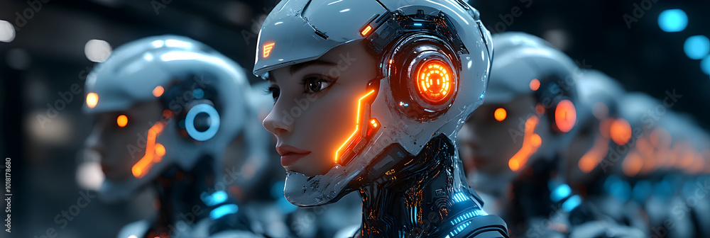 Aufkleber detailed close-up view of a futuristic cybernetic robot or with glowing lights,intricate metallic an