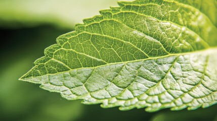 Fototapeta premium A close-up of a fresh green mint leaf, its veins and texture detailed against a blurred background.