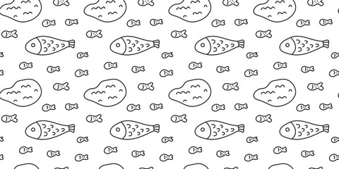 Cute seamless pattern with doodle outline fishes and lake icons.