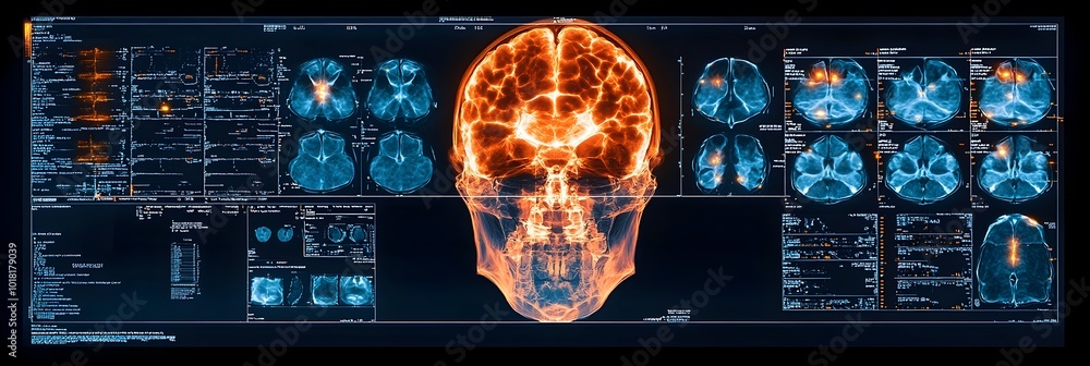 Aufkleber Digitized Holographic Scan of Human Brain Anatomy and Neurological Activity Displayed on Advanced Futuristic Interface. Concept of Medical,Scientific.