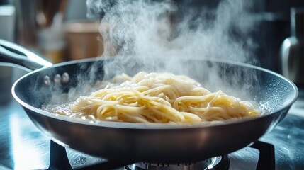 Spaghetti Cooking in a Frying Pan