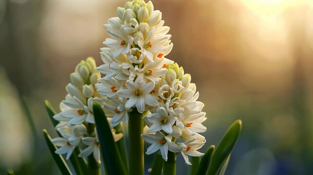 White hyacinths bloom in the garden on a sunny day