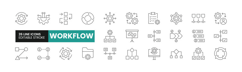 Set of 26 Workflow line icons set. Workflow outline icons with editable stroke collection. Includes Process, Timeline, Processing, Networking, Project, and More.