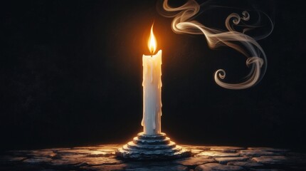 A mesmerizing white candle standing upright on a worn, ancient stone pedestal, its gentle comforting glow in the midst of an endless