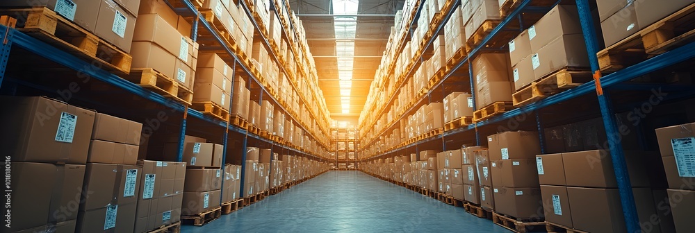 Poster expansive and well-organized warehouse interior with endless rows of shelves and stacked boxes,showc