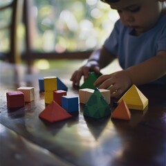 A curious child intently examines colorful geometric shapes, discovering patterns and learning through play in a softly lit classroom environment.