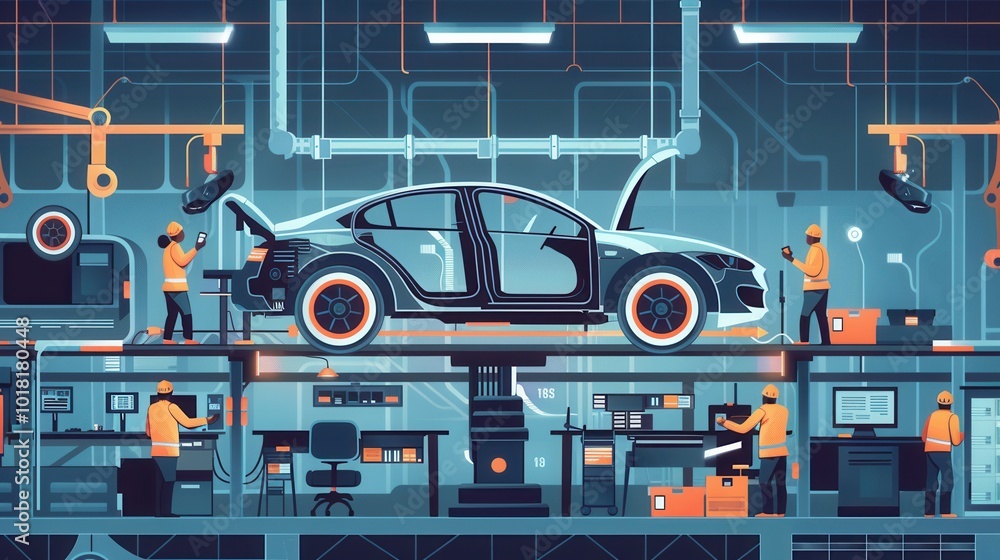 Leinwandbilder team members are focused on installing and inspecting various car interiors in an efficient factory 