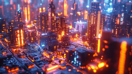 Fototapeta premium A futuristic city at night, illuminated by neon lights. The glowing buildings and streets create a vibrant, cyberpunk-like atmosphere, filled with color and energy.