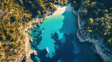 Obraz premium Aerial View of Secluded Cove with Boats
