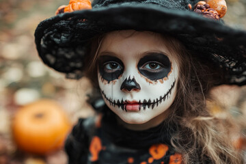 Young girl dressed as a witch at a Halloween party made with generative ai concept
