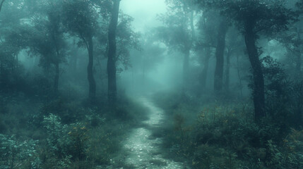 A narrow path winds through a dense, fog-covered forest. The mist creates an eerie yet beautiful scene, with soft light filtering through the towering trees.