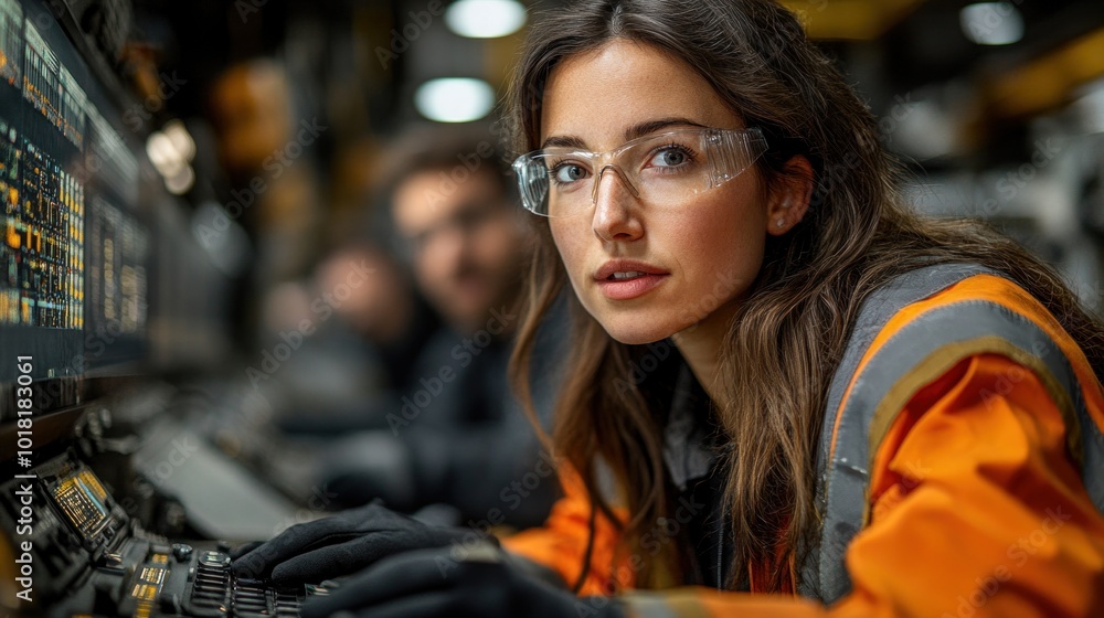 Poster a technician in protective gear concentrates on monitoring digital displays in a high-tech control r