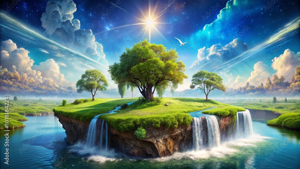 Canvas Prints A Tranquil Oasis A Lush, Green Isle Surrounded by Blue Waters and Cascading Falls Under a Celestial Sky