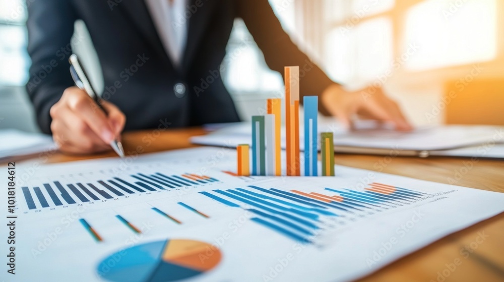 Poster a business professional is engaged in analyzing various colorful graphs and charts on the table, tak