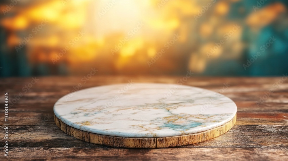 Poster a round marble serving board rests on a rustic wooden table, illuminated by the warm glow of a sunse