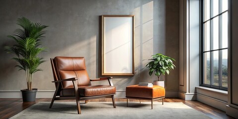 Fototapeta premium A leather armchair sits beside a large empty frame, bathed in the soft light streaming through the window, inviting relaxation and contemplation.