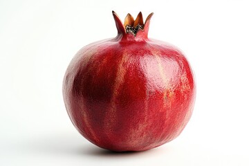 Single ripe pomegranate fruit sitting on white background
