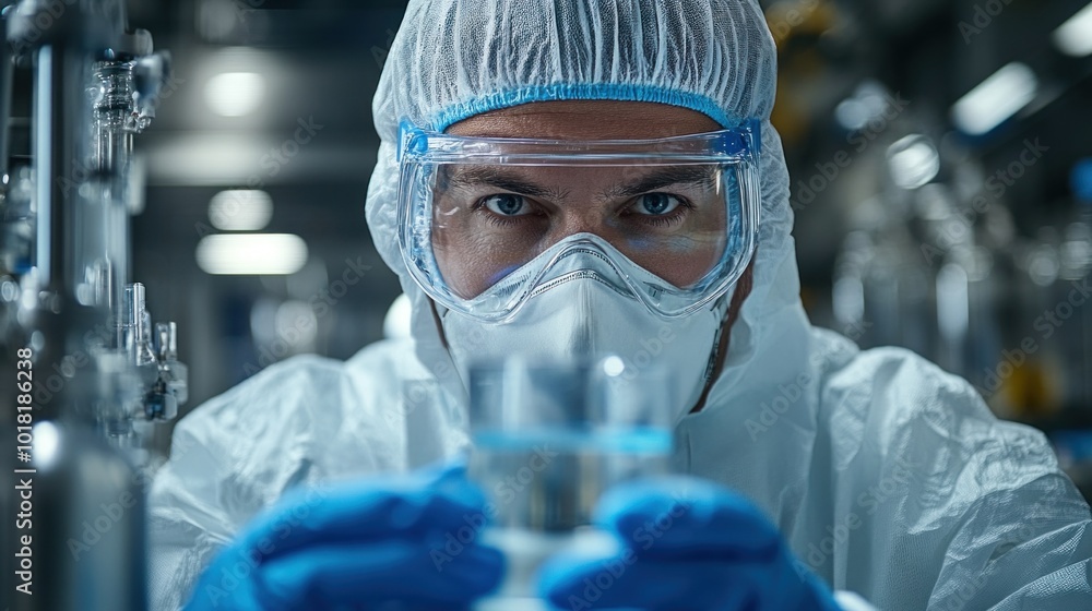 Aufkleber a scientist in full protective gear focuses intently on a clear liquid in a glass container while wo