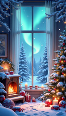 Fototapeta premium A window view of a snowy forest with a fireplace and candles lit. Scene is cozy and warm, perfect for a winter evening
